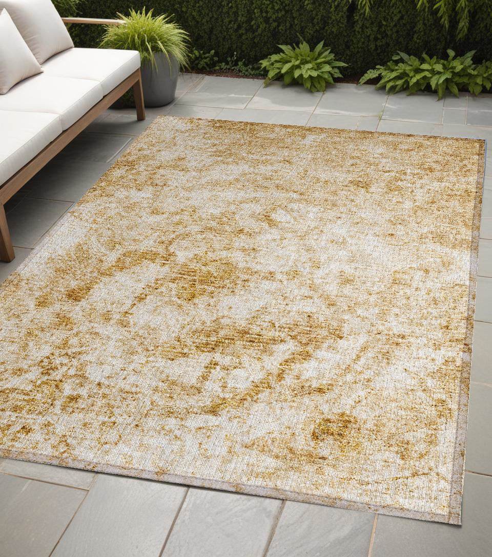 5' X 8' Cream and Gold Abstract Washable Non Skid Indoor Outdoor Area Rug - Loft&Timber