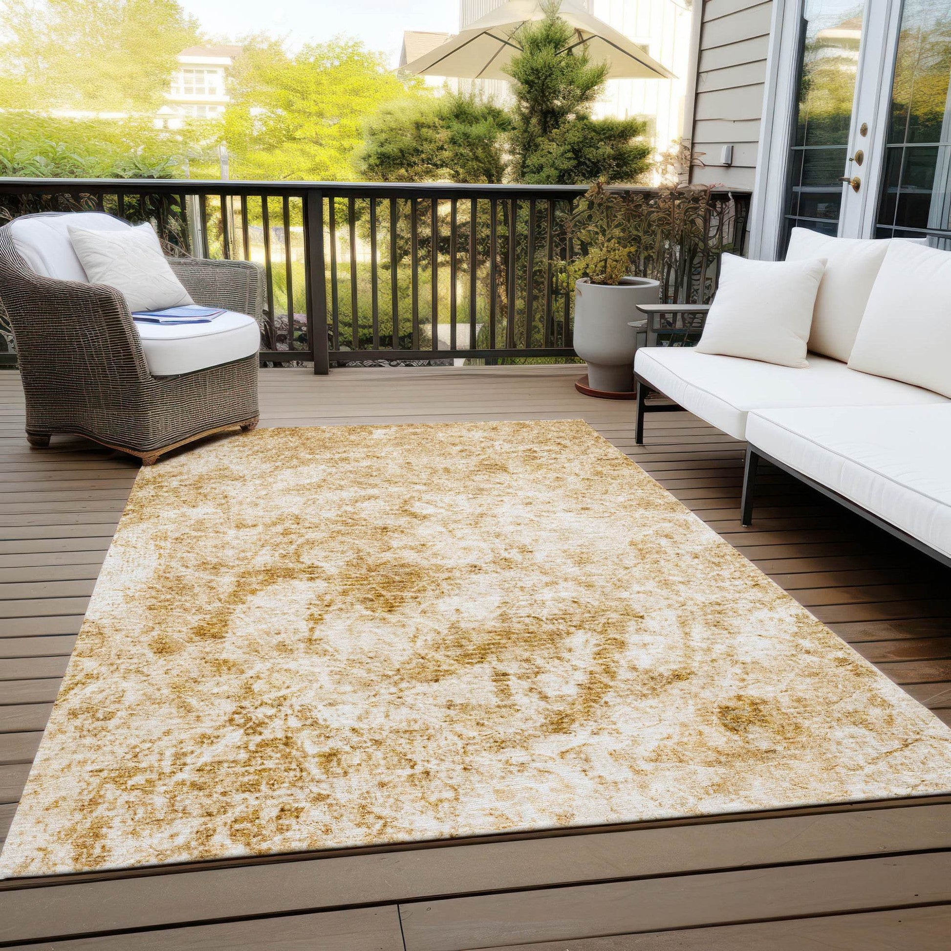 5' X 8' Cream and Gold Abstract Washable Non Skid Indoor Outdoor Area Rug - Loft&Timber