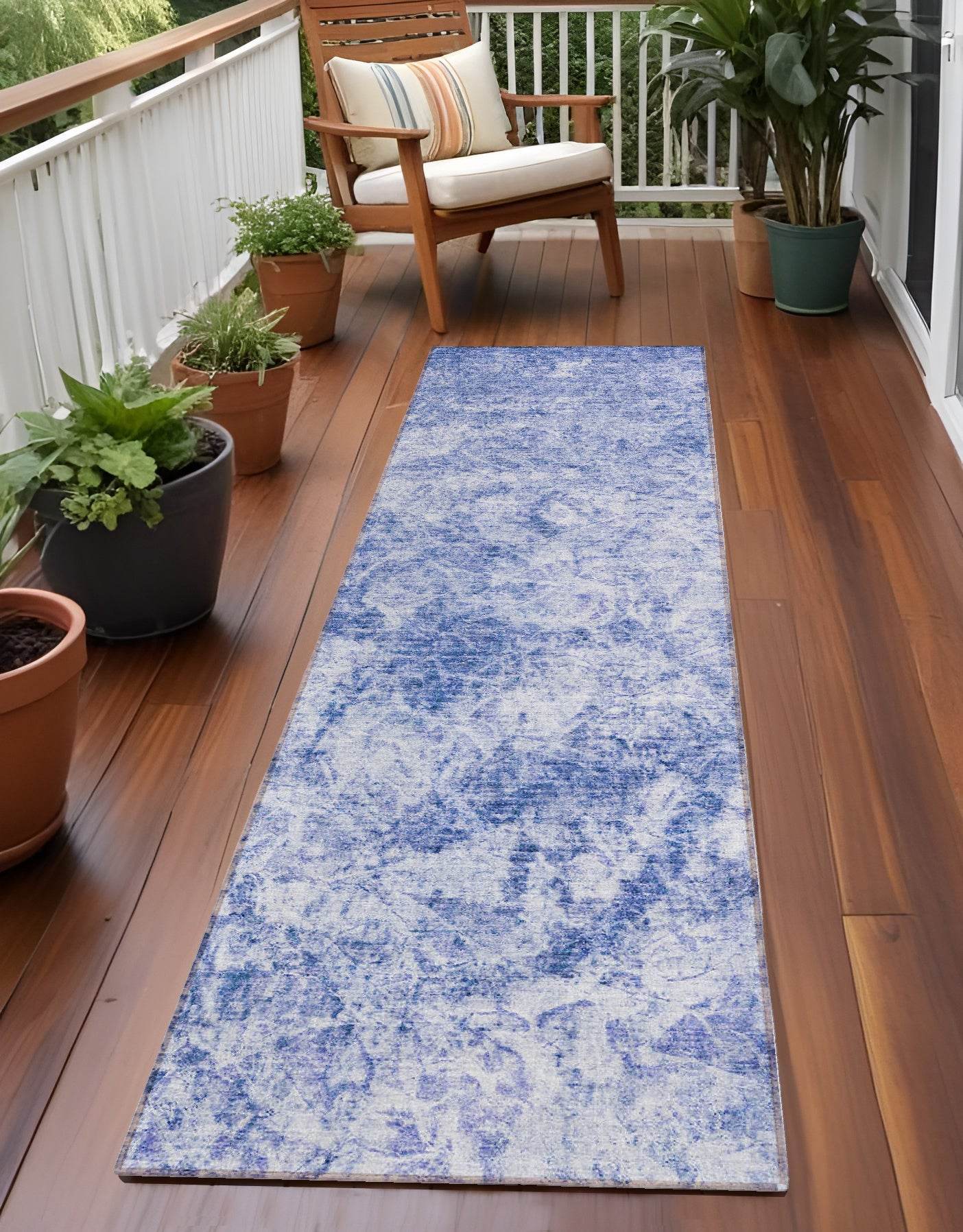 8' Runner Blue Abstract Washable Non Skid Indoor Outdoor Runner Rug - Loft&Timber