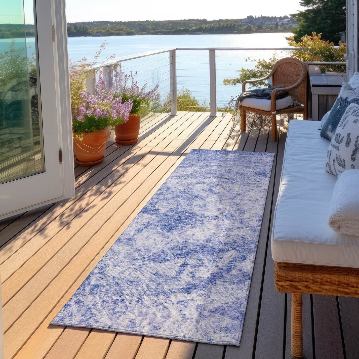 8' Runner Blue Abstract Washable Non Skid Indoor Outdoor Runner Rug - Loft&Timber