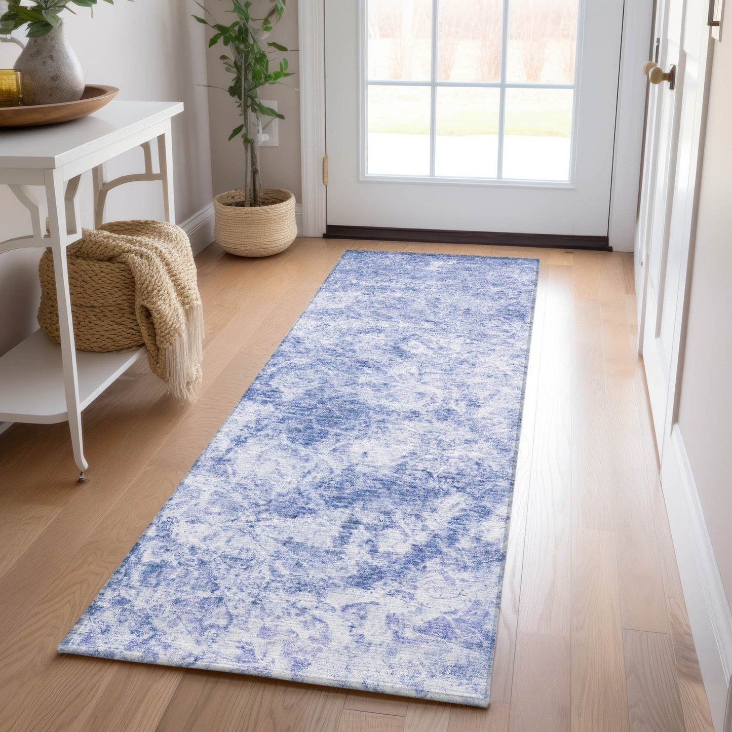 8' Runner Blue Abstract Washable Non Skid Indoor Outdoor Runner Rug - Loft&Timber