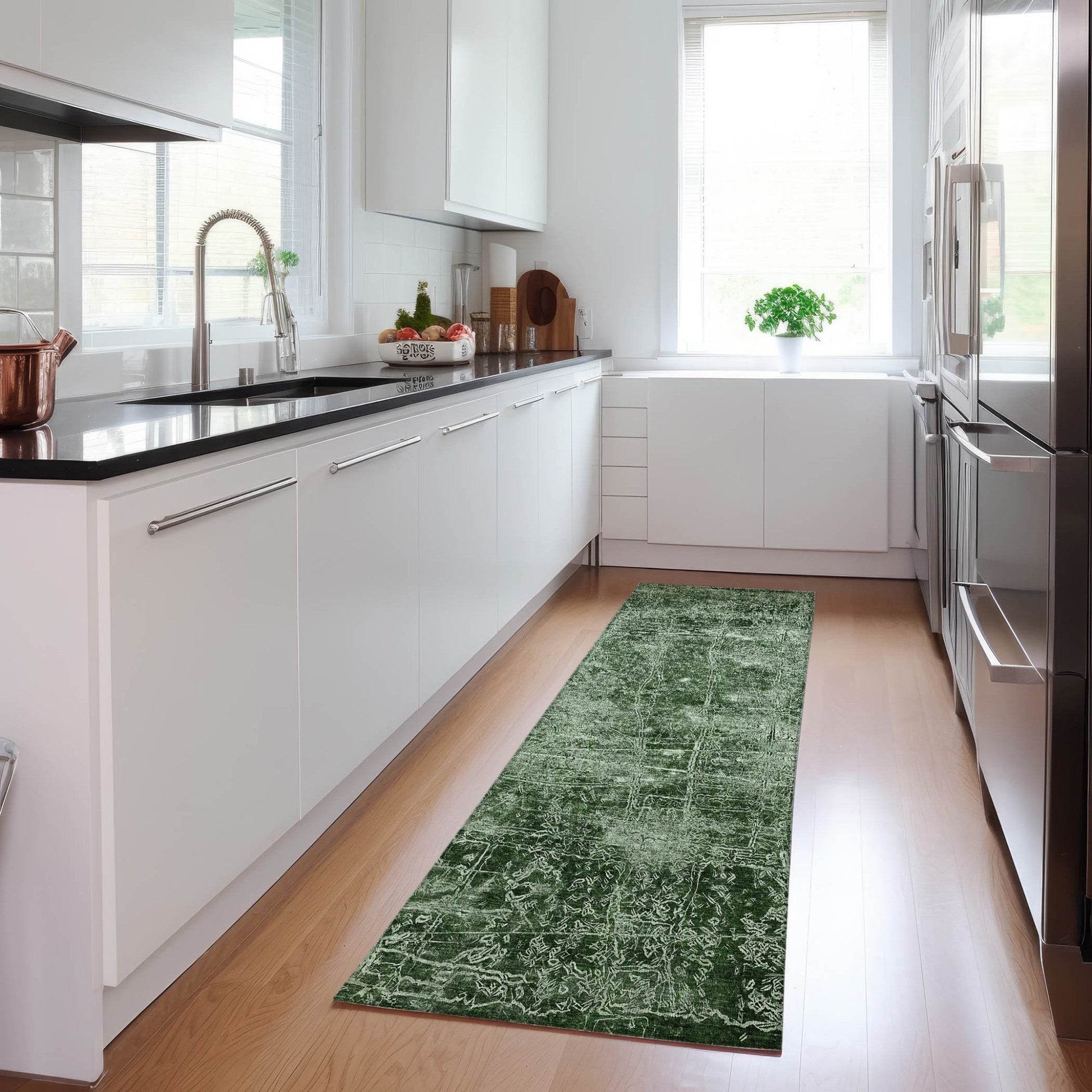 8' Runner Emerald Abstract Washable Non Skid Indoor Outdoor Runner Rug - Loft&Timber