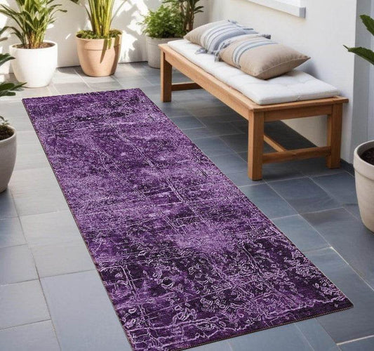 8' Runner Purple Abstract Washable Non Skid Indoor Outdoor Runner Rug - Loft&Timber