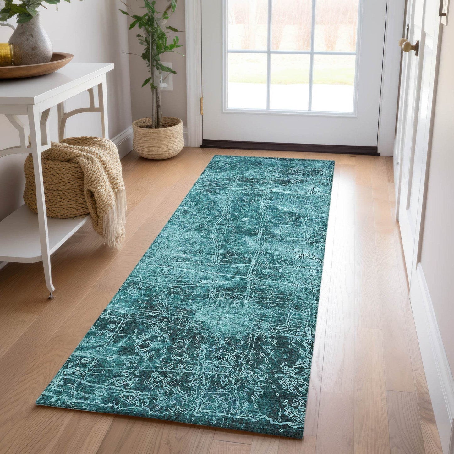 8' Runner Teal Abstract Washable Non Skid Indoor Outdoor Runner Rug - Loft&Timber