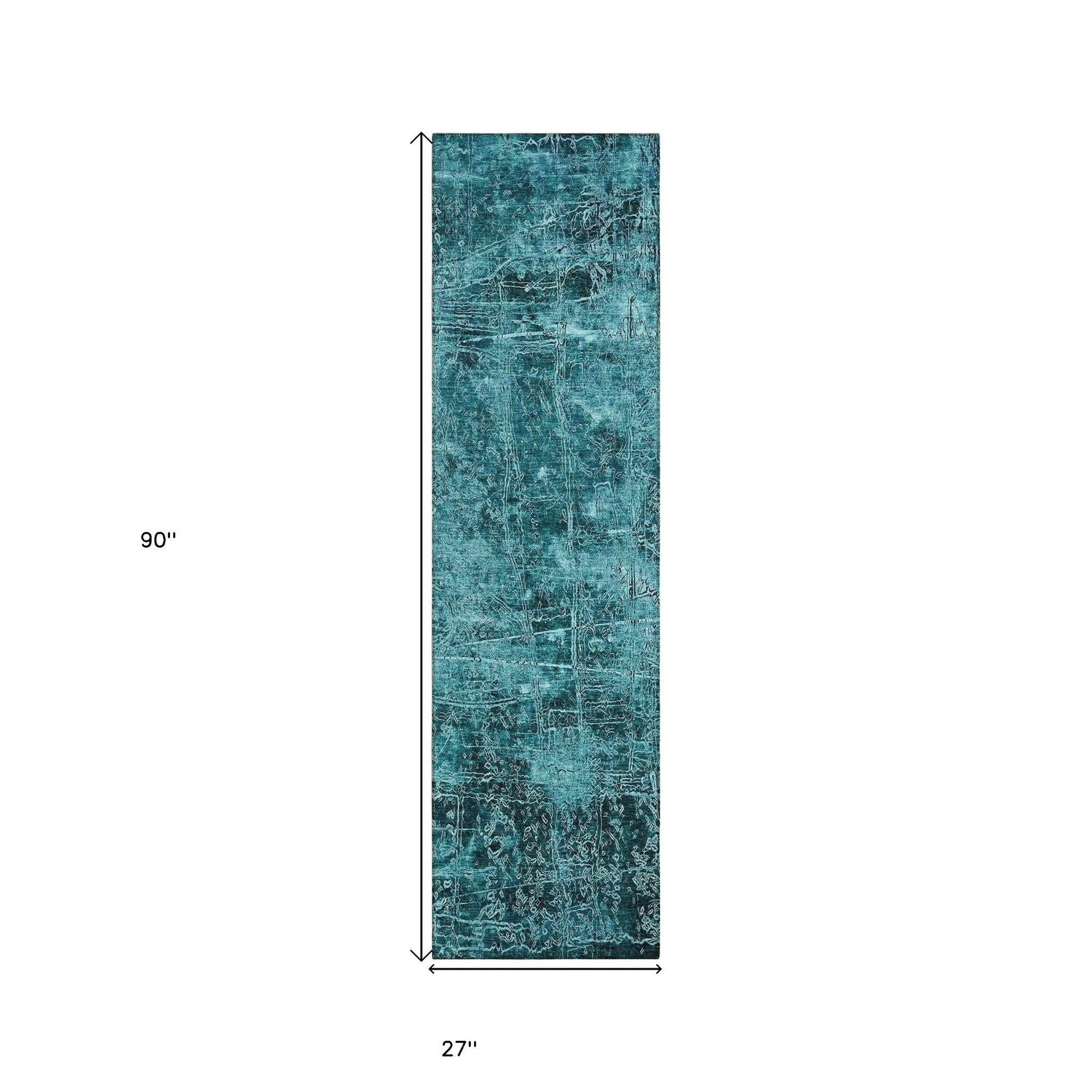 8' Runner Teal Abstract Washable Non Skid Indoor Outdoor Runner Rug - Loft&Timber