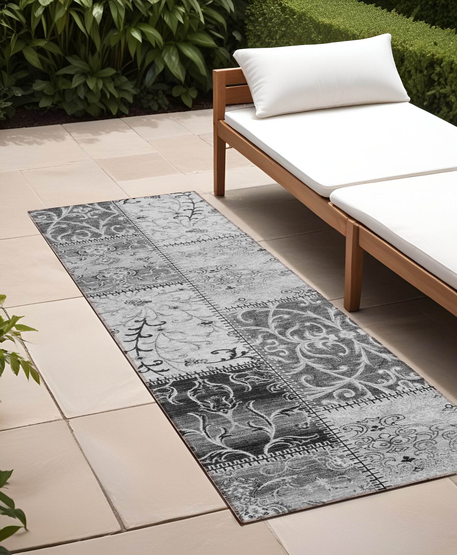 8' Runner Gray Patchwork Washable Non Skid Indoor Outdoor Runner Rug - Loft&Timber