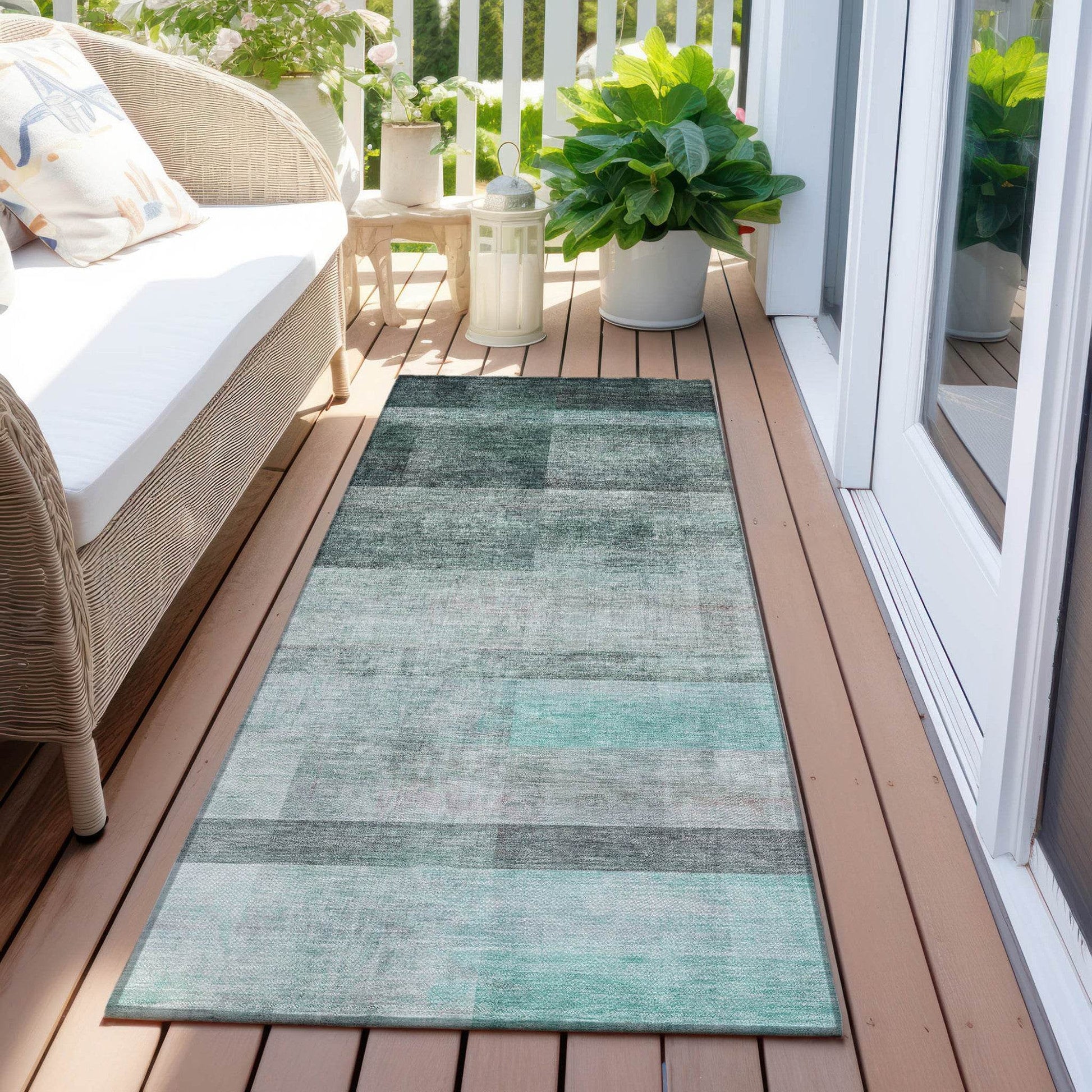 8' Runner Teal Ombre Washable Non Skid Indoor Outdoor Runner Rug - Loft&Timber