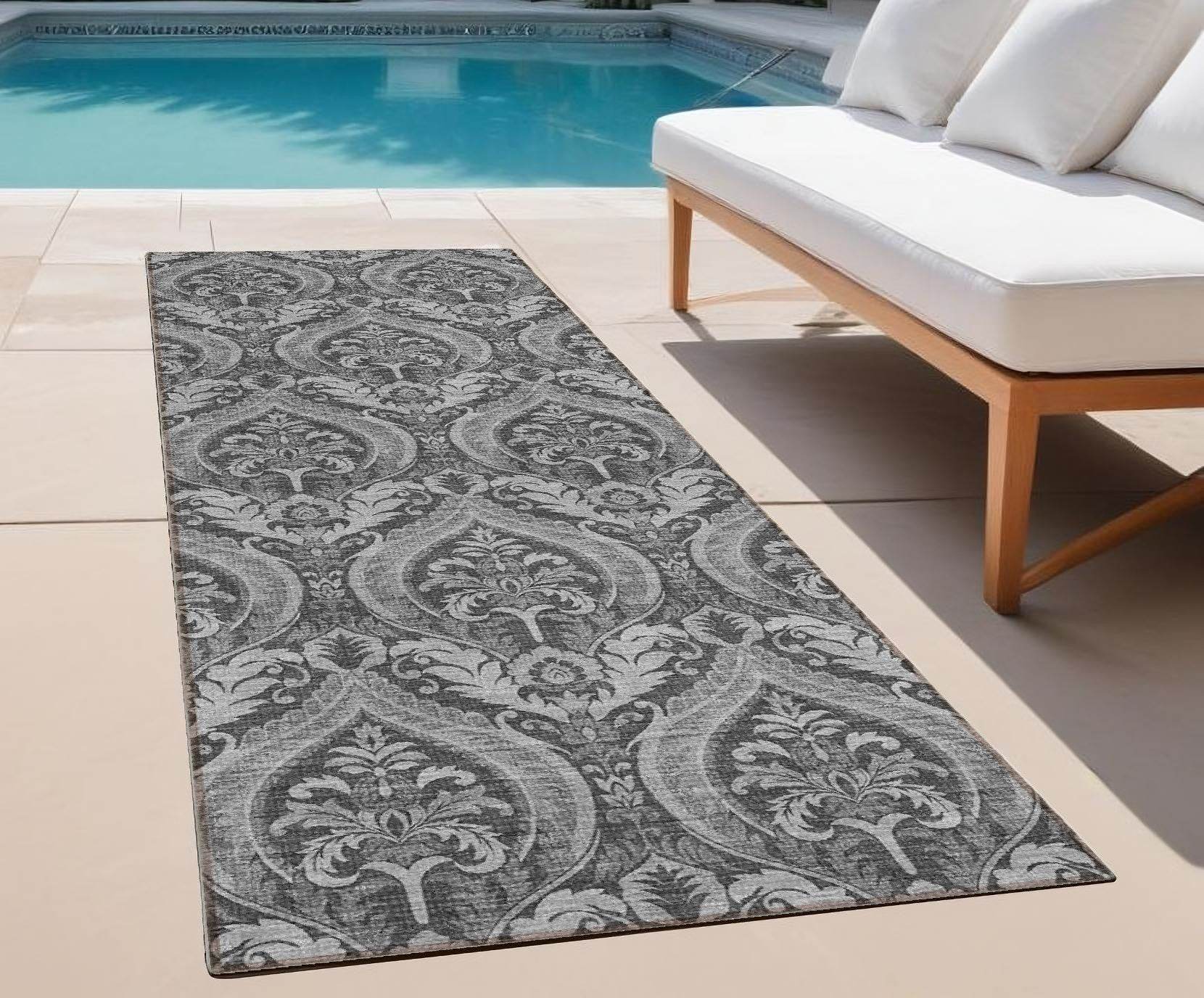 8' Runner Gray Damask Washable Non Skid Indoor Outdoor Runner Rug - Loft&Timber