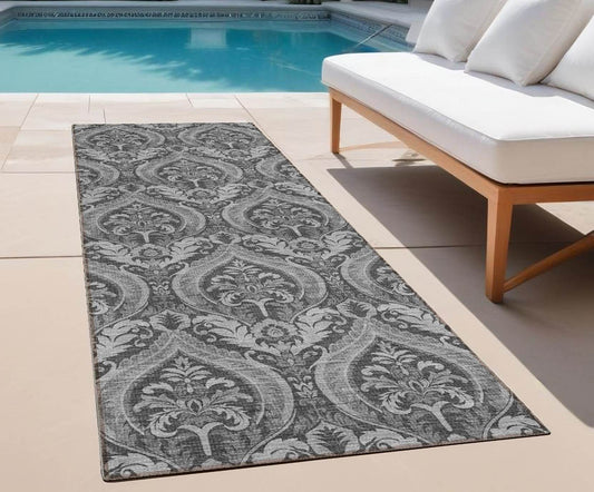 8' Runner Gray Damask Washable Non Skid Indoor Outdoor Runner Rug - Loft&Timber