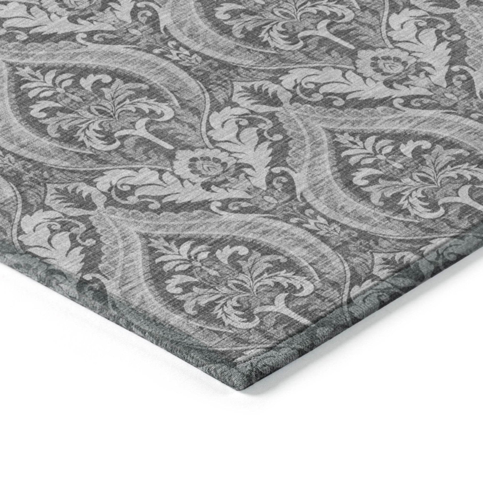 8' Runner Gray Damask Washable Non Skid Indoor Outdoor Runner Rug - Loft&Timber