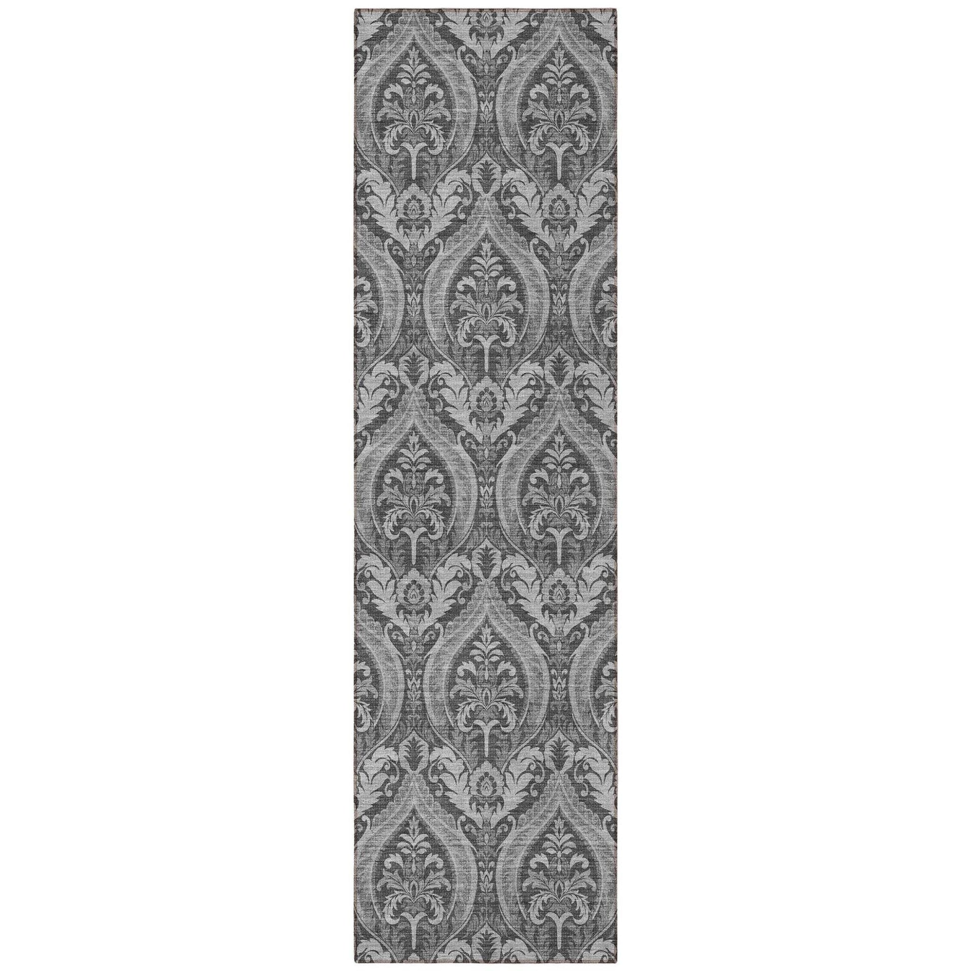 8' Runner Gray Damask Washable Non Skid Indoor Outdoor Runner Rug - Loft&Timber