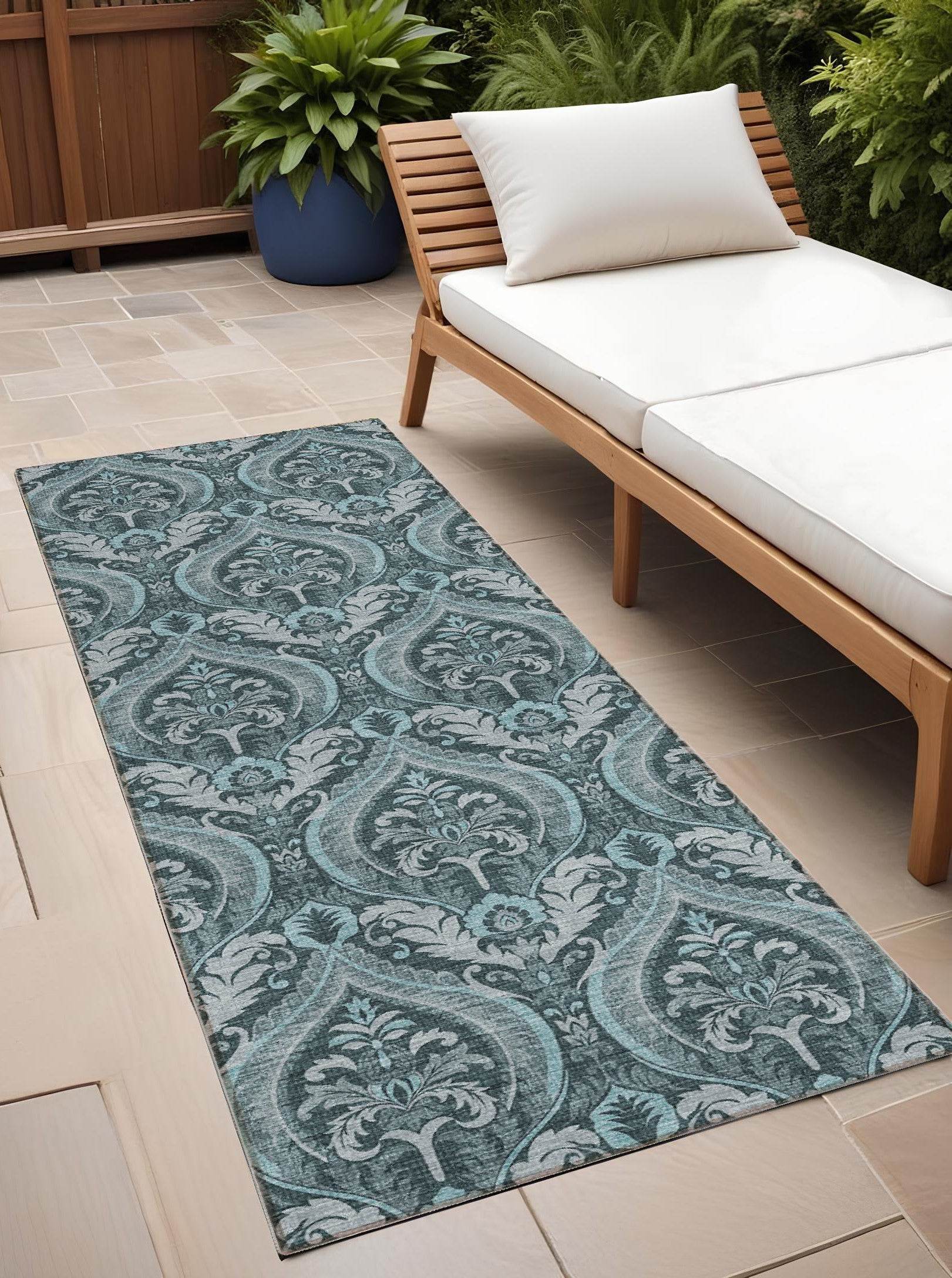 8' Runner Teal Damask Washable Non Skid Indoor Outdoor Runner Rug - Loft&Timber