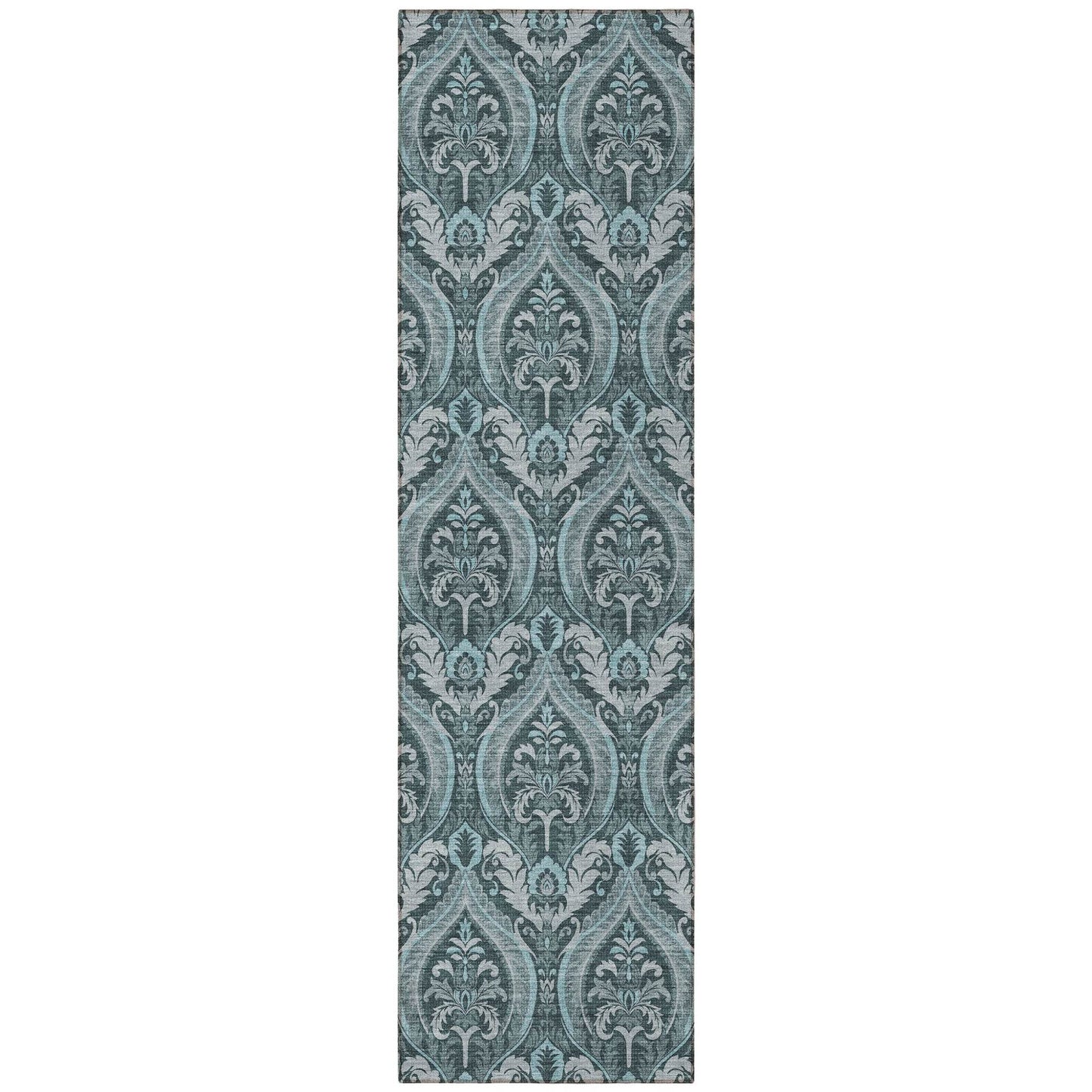 8' Runner Teal Damask Washable Non Skid Indoor Outdoor Runner Rug - Loft&Timber