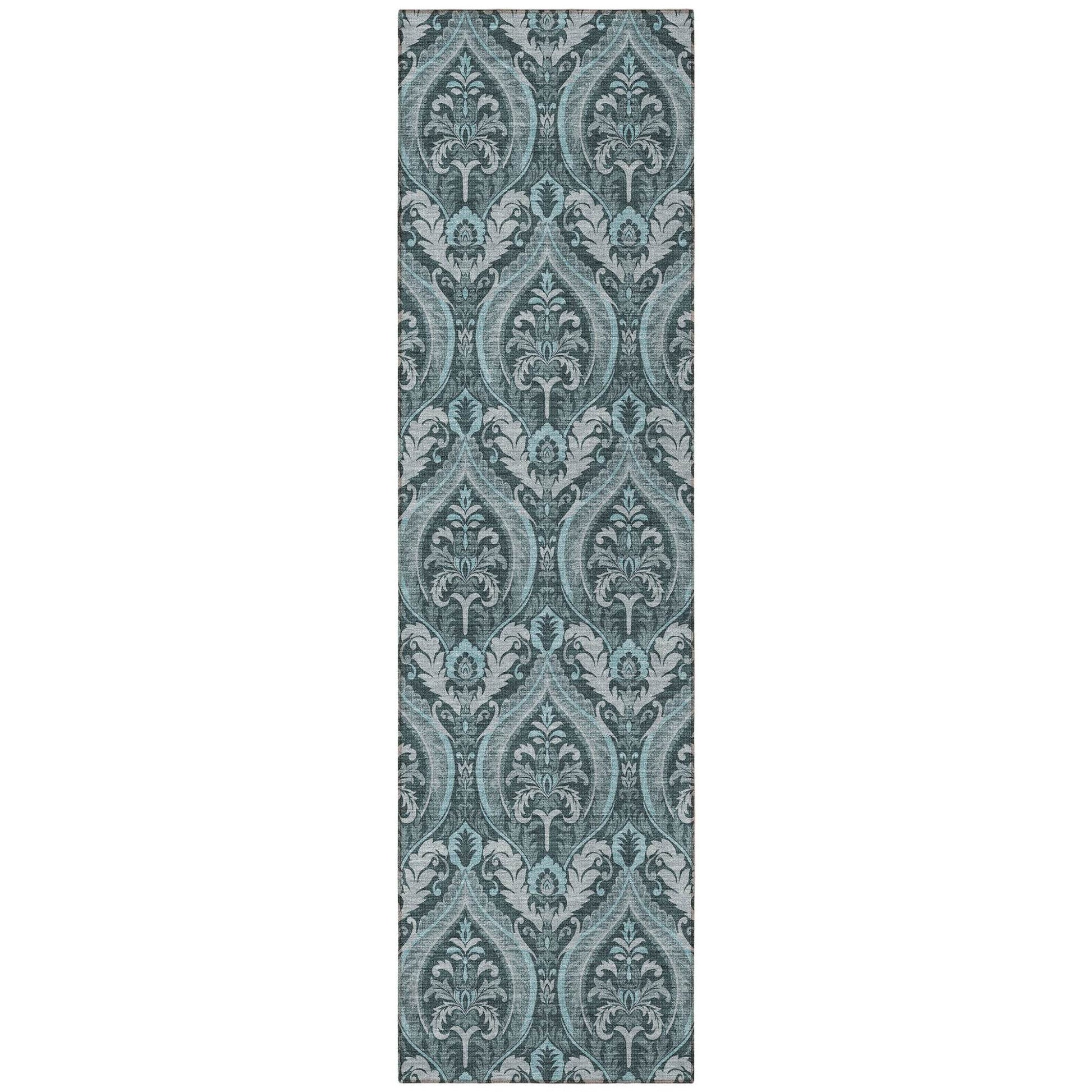8' Runner Teal Damask Washable Non Skid Indoor Outdoor Runner Rug - Loft&Timber