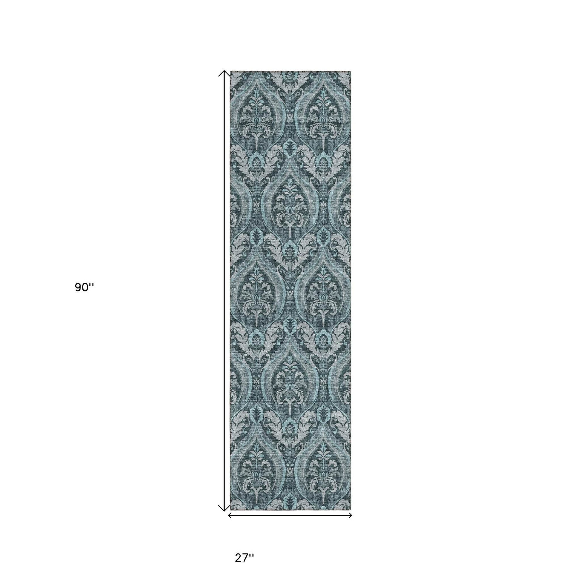 8' Runner Teal Damask Washable Non Skid Indoor Outdoor Runner Rug - Loft&Timber