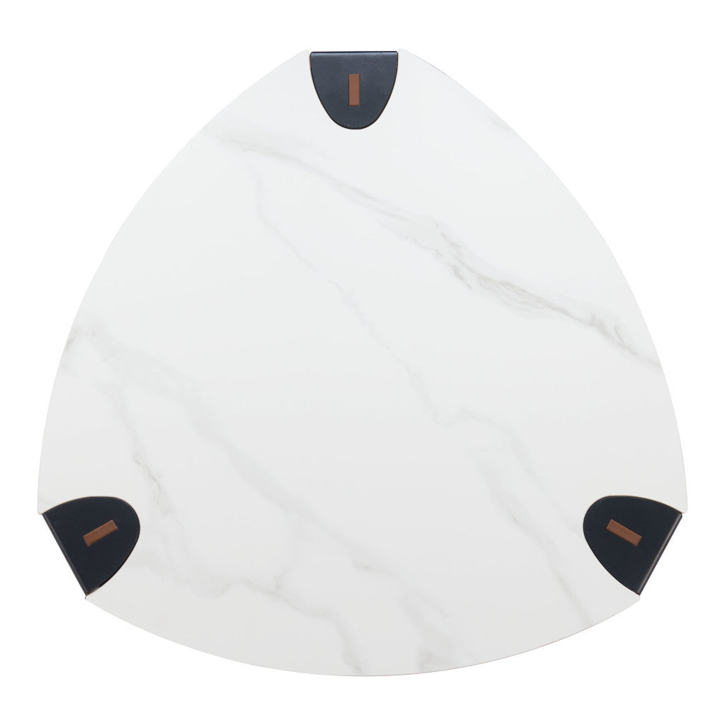 36" White and Black Sintered Stone Faux Leather And Steel Triangle Coffee Table - Loft&Timber