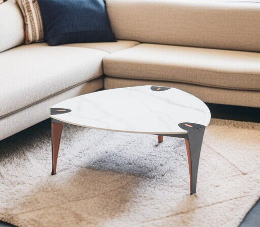 36" White and Black Sintered Stone Faux Leather And Steel Triangle Coffee Table - Loft&Timber
