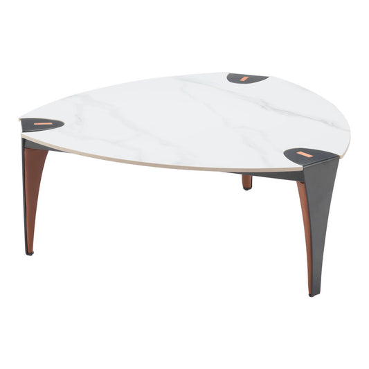 36" White and Black Sintered Stone Faux Leather And Steel Triangle Coffee Table - Loft&Timber