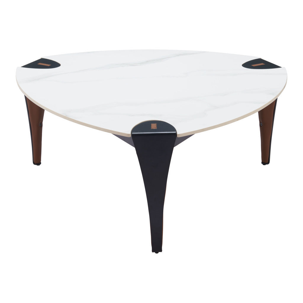 36" White and Black Sintered Stone Faux Leather And Steel Triangle Coffee Table - Loft&Timber