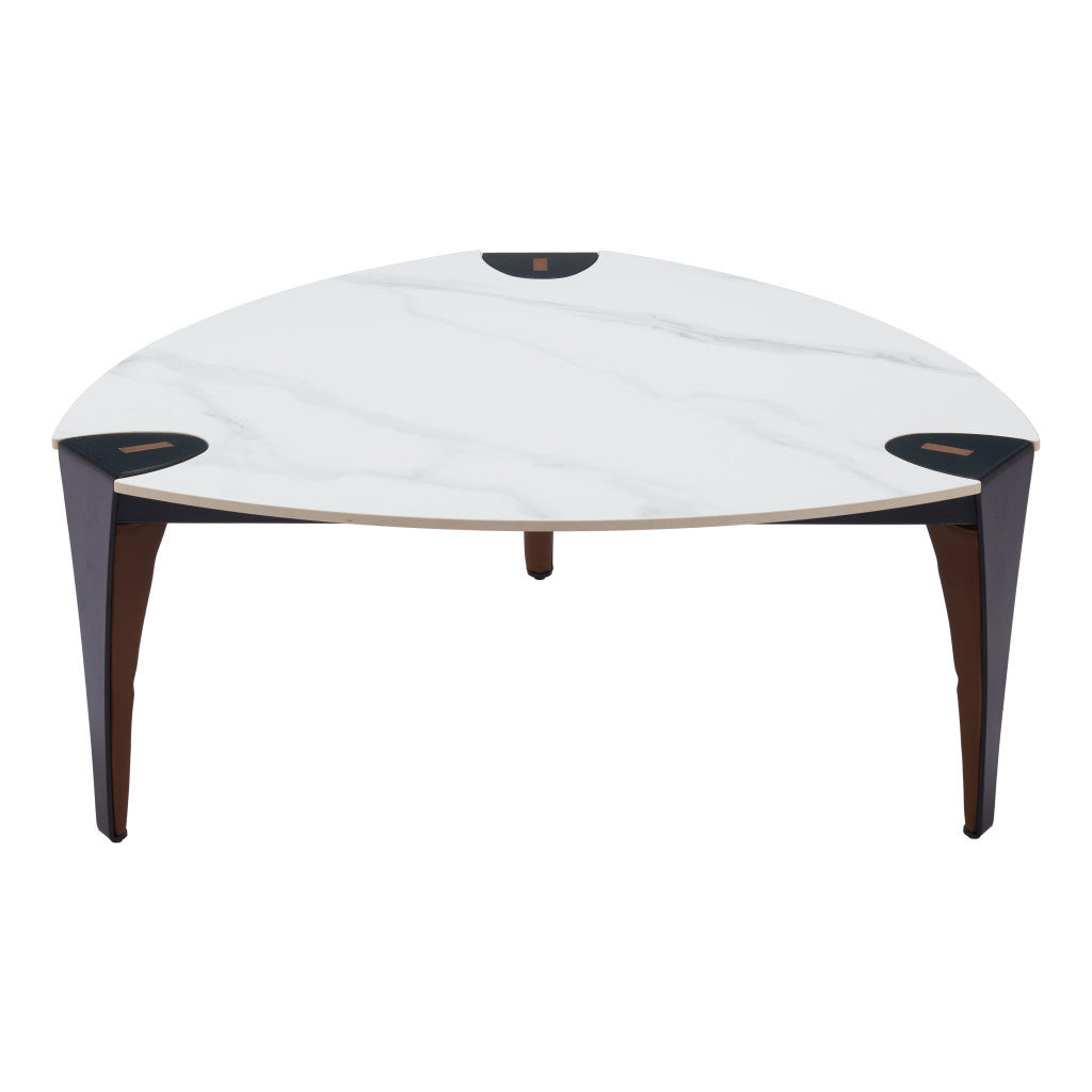 36" White and Black Sintered Stone Faux Leather And Steel Triangle Coffee Table - Loft&Timber