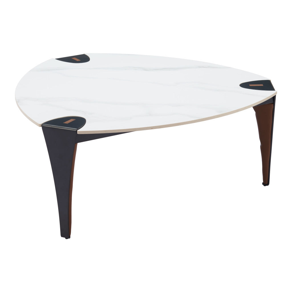 36" White and Black Sintered Stone Faux Leather And Steel Triangle Coffee Table - Loft&Timber