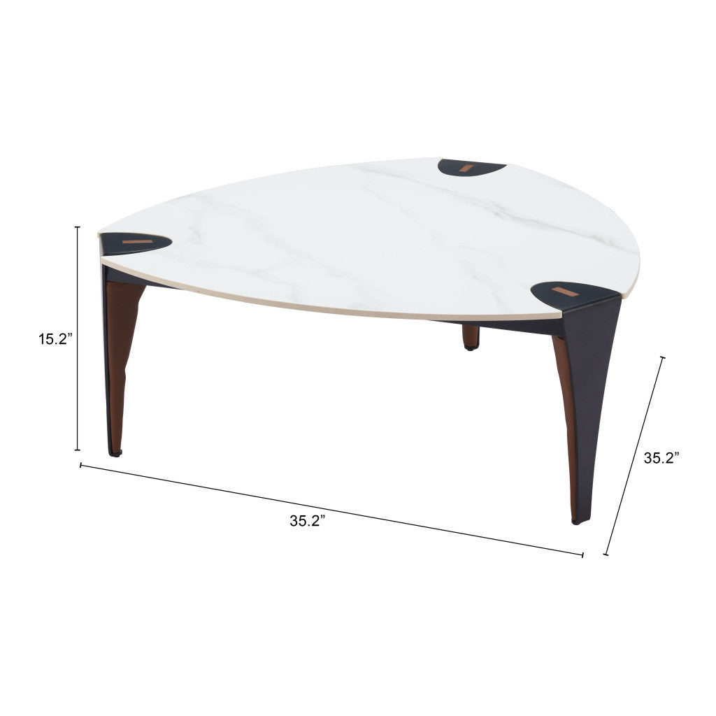 36" White and Black Sintered Stone Faux Leather And Steel Triangle Coffee Table - Loft&Timber