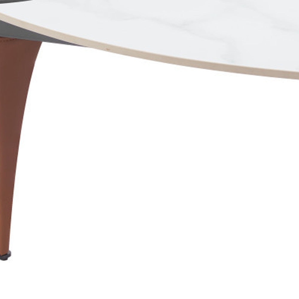 36" White and Black Sintered Stone Faux Leather And Steel Triangle Coffee Table - Loft&Timber