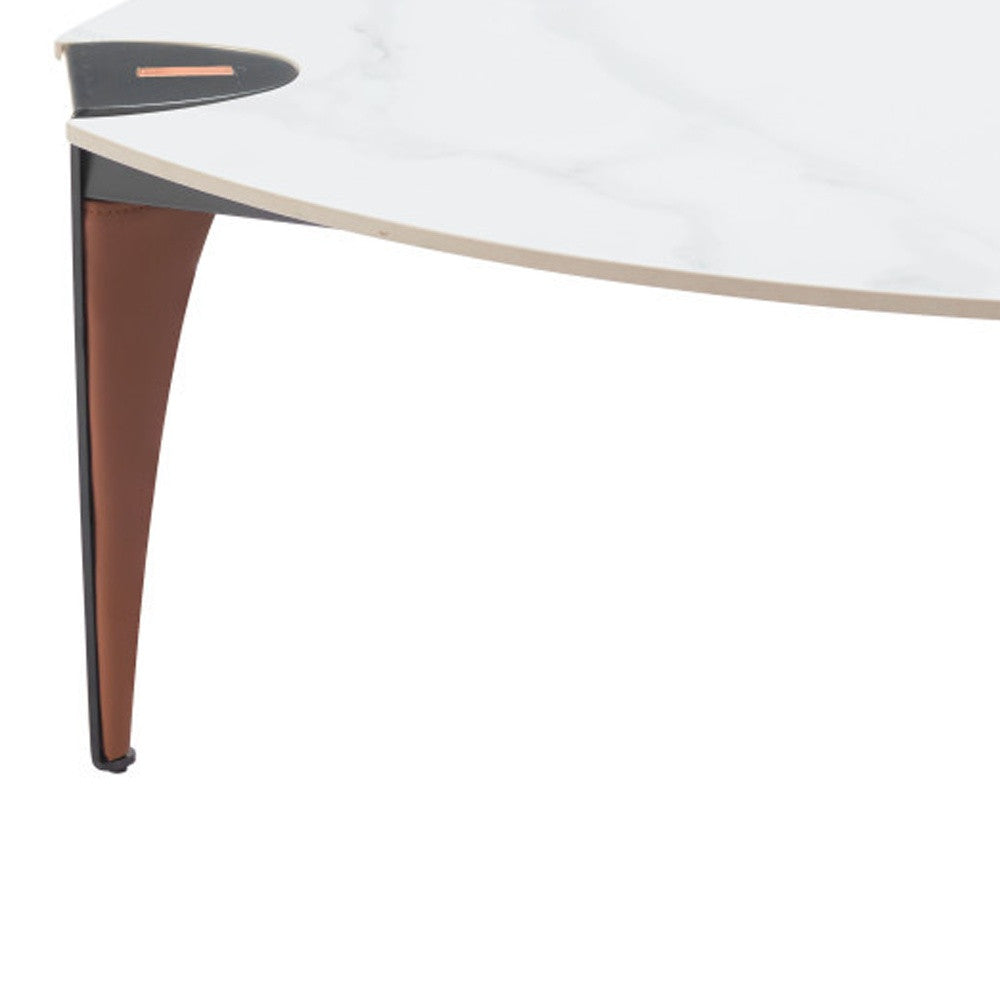 36" White and Black Sintered Stone Faux Leather And Steel Triangle Coffee Table - Loft&Timber