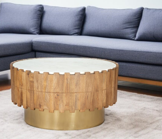 31" Gold Natural And White Iron Wood And Faux Marble Round Block Coffee Table - Loft&Timber