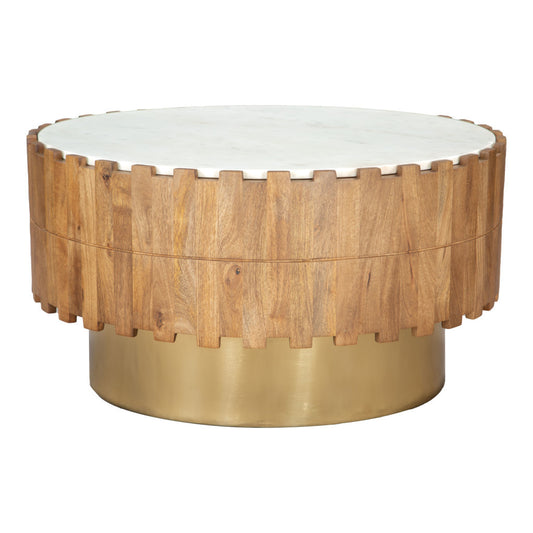31" Gold Natural And White Iron Wood And Faux Marble Round Block Coffee Table - Loft&Timber