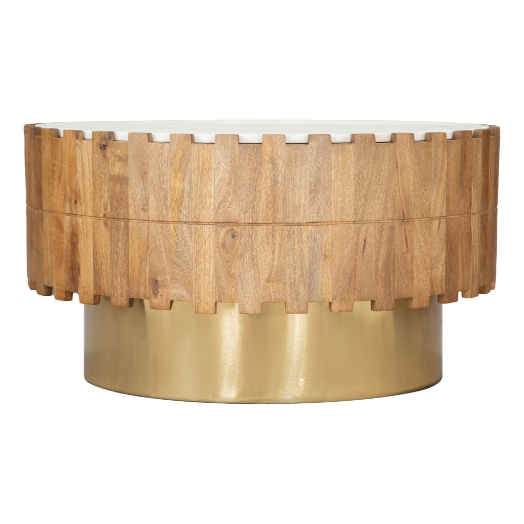 31" Gold Natural And White Iron Wood And Faux Marble Round Block Coffee Table - Loft&Timber