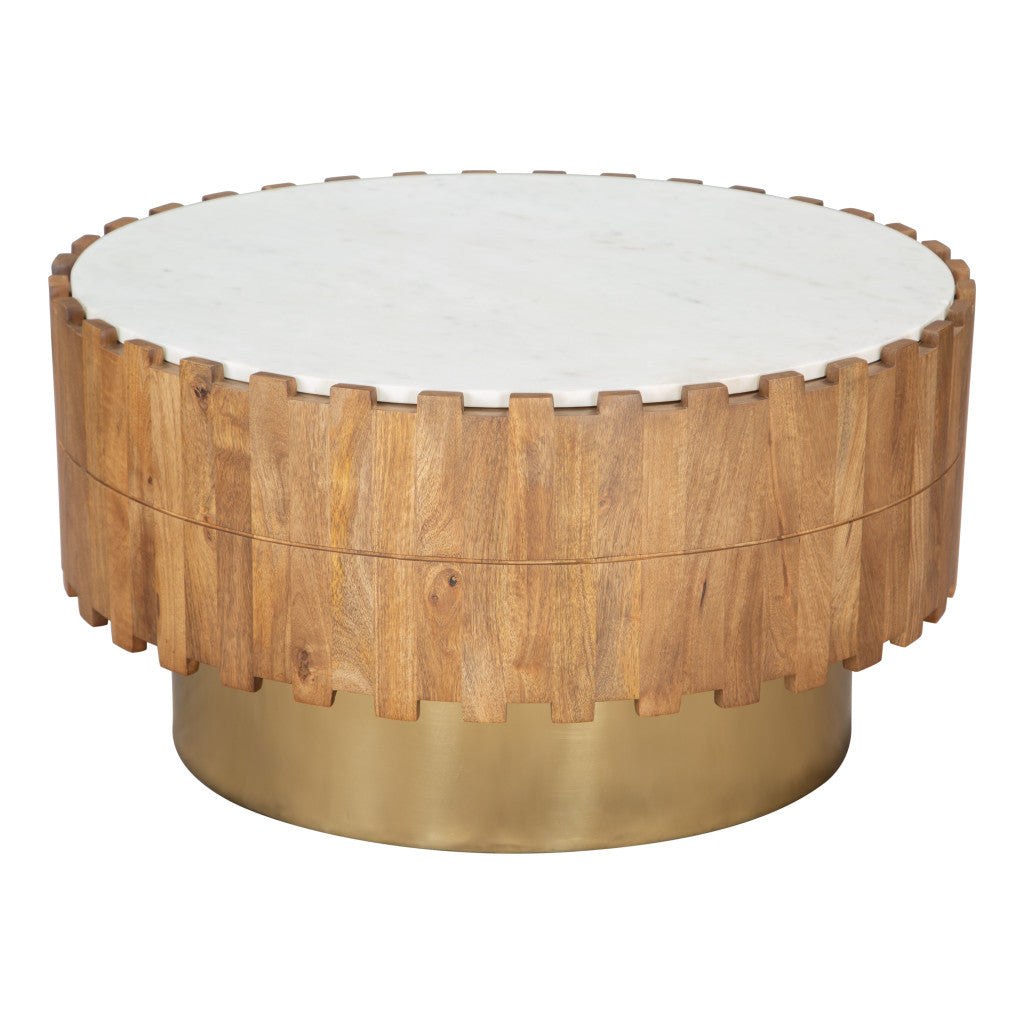 31" Gold Natural And White Iron Wood And Faux Marble Round Block Coffee Table - Loft&Timber
