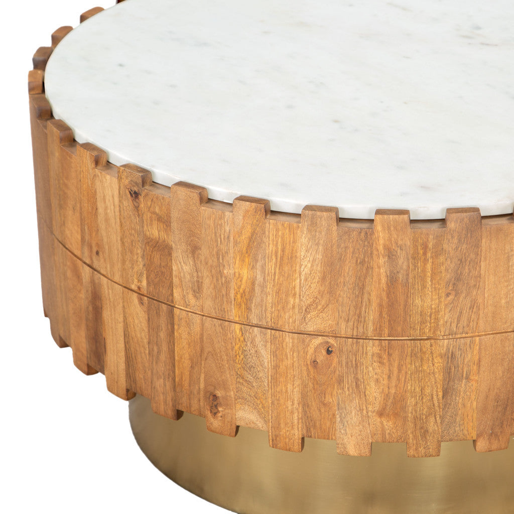 31" Gold Natural And White Iron Wood And Faux Marble Round Block Coffee Table - Loft&Timber