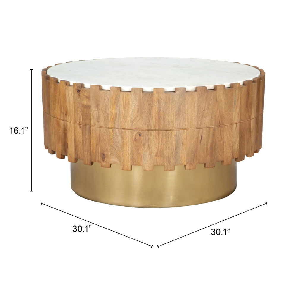 31" Gold Natural And White Iron Wood And Faux Marble Round Block Coffee Table - Loft&Timber