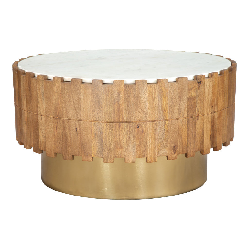 31" Gold Natural And White Iron Wood And Faux Marble Round Block Coffee Table - Loft&Timber