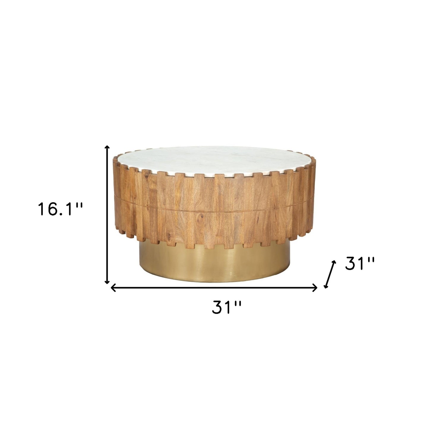 31" Gold Natural And White Iron Wood And Faux Marble Round Block Coffee Table - Loft&Timber