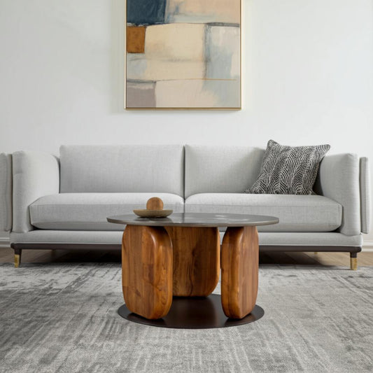 30" Black and Brown Genuine Marble Marble and Solid Wood Round Coffee Table - Loft&Timber