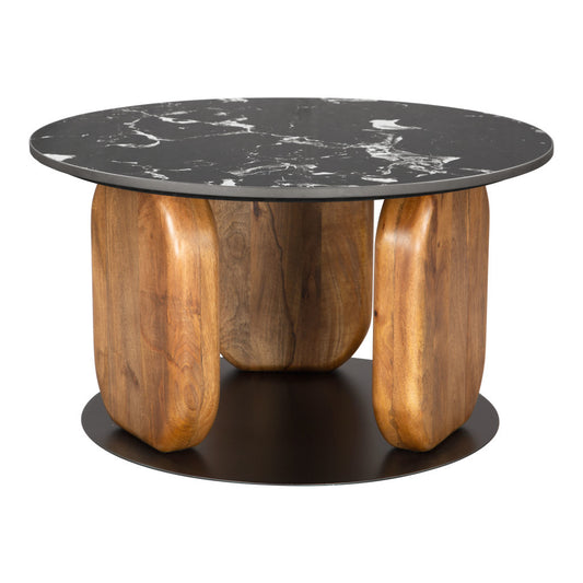 30" Black and Brown Genuine Marble Marble and Solid Wood Round Coffee Table - Loft&Timber