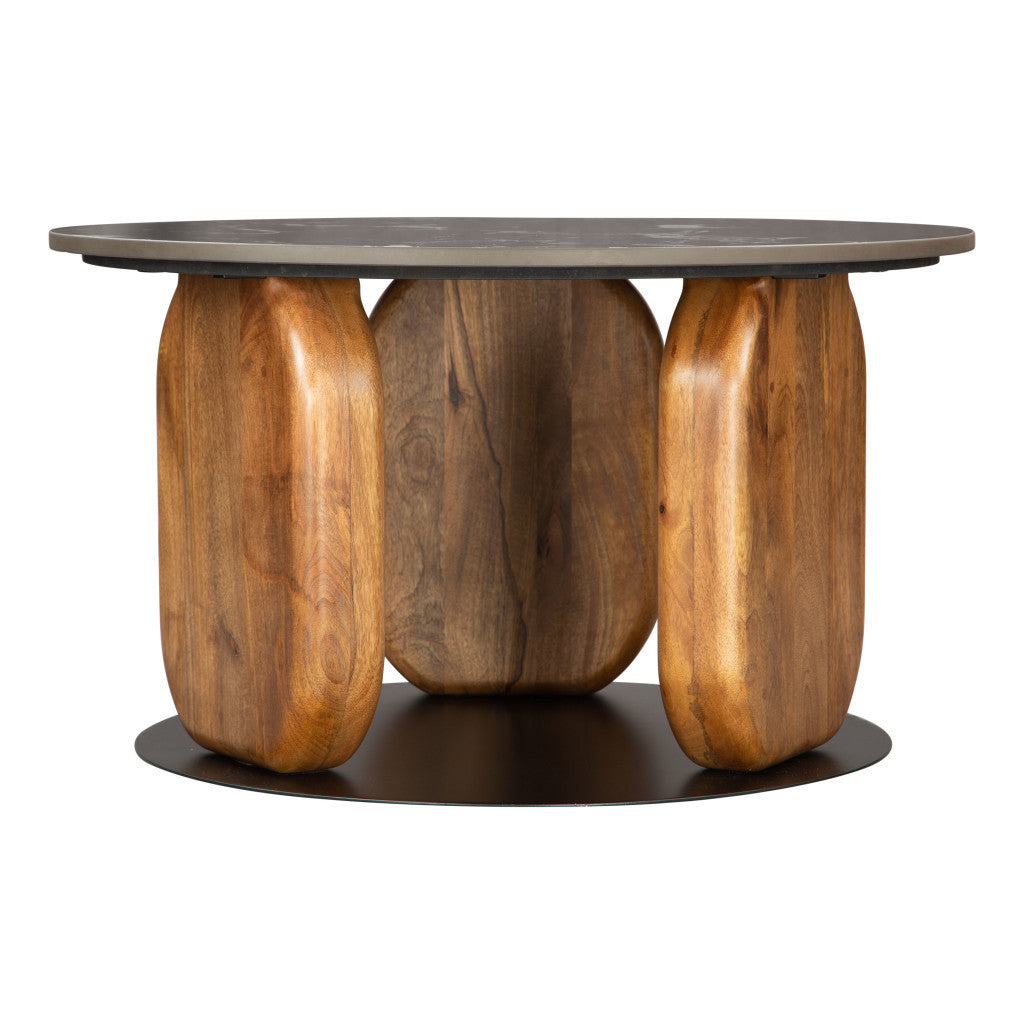 30" Black and Brown Genuine Marble Marble and Solid Wood Round Coffee Table - Loft&Timber