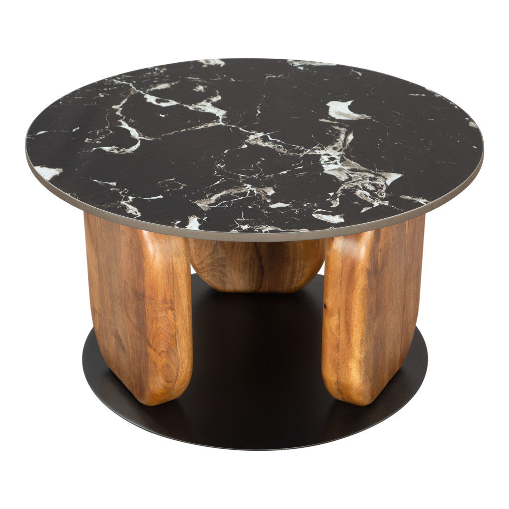 30" Black and Brown Genuine Marble Marble and Solid Wood Round Coffee Table - Loft&Timber