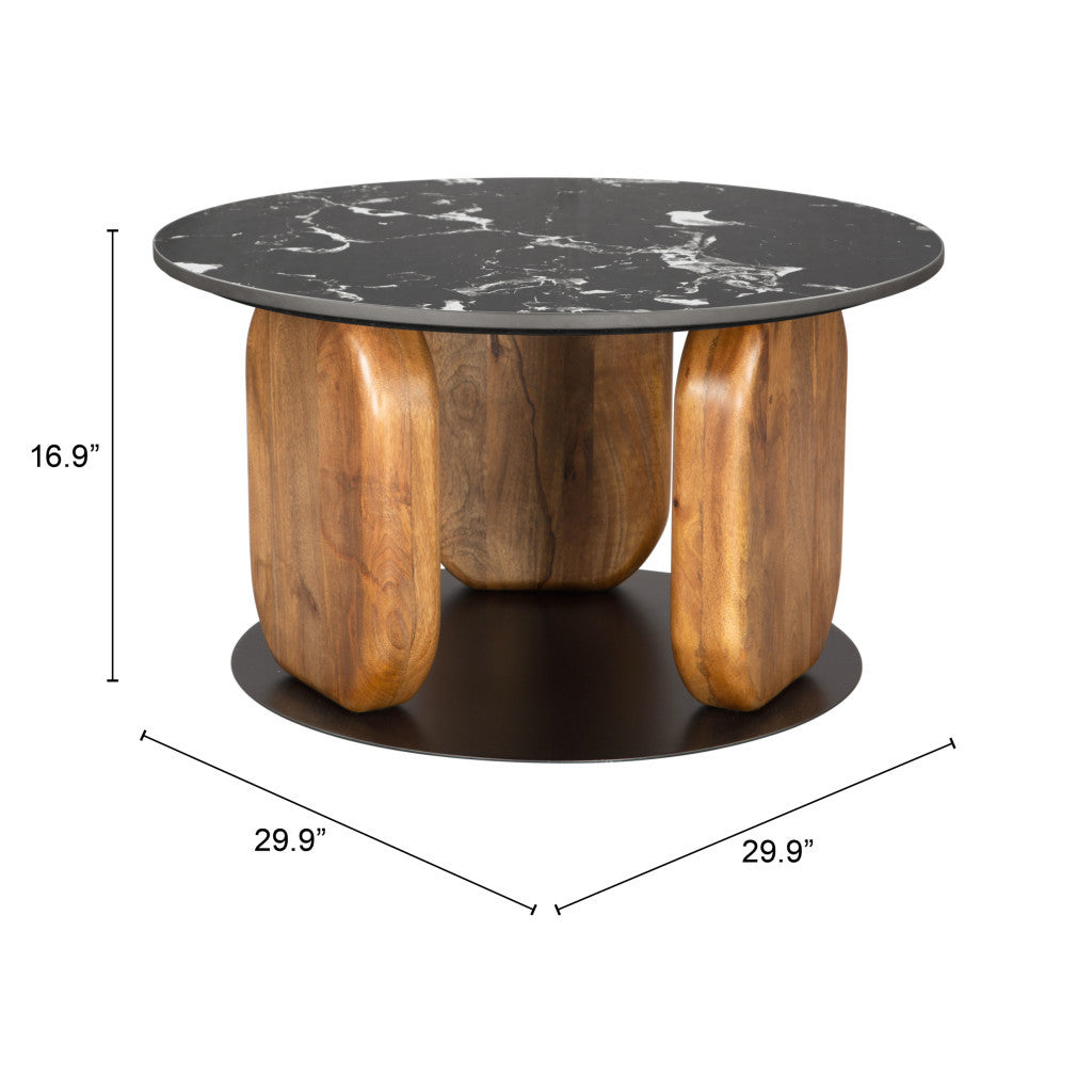 30" Black and Brown Genuine Marble Marble and Solid Wood Round Coffee Table - Loft&Timber