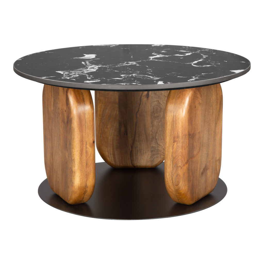 30" Black and Brown Genuine Marble Marble and Solid Wood Round Coffee Table - Loft&Timber