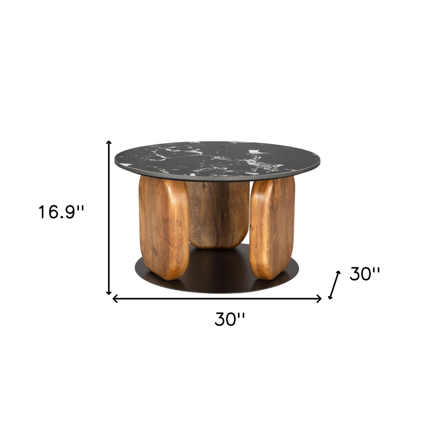 30" Black and Brown Genuine Marble Marble and Solid Wood Round Coffee Table - Loft&Timber