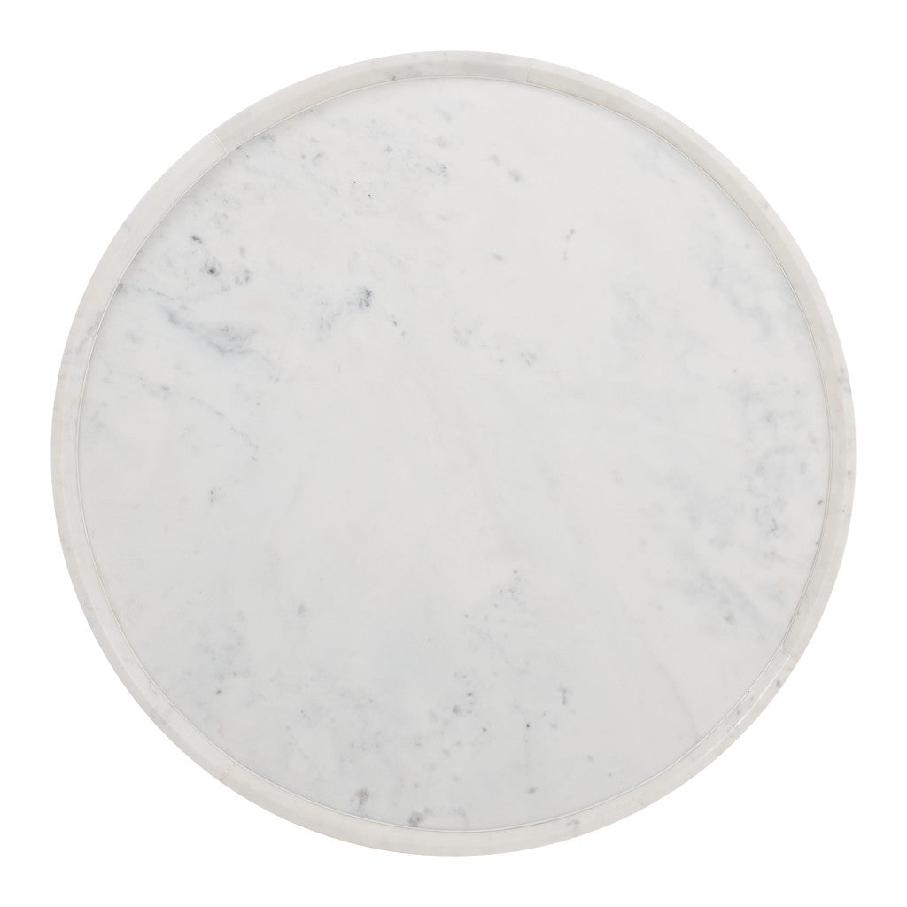 35" White and Natural Wood And Faux Marble Round Pedestal Coffee Table - Loft&Timber