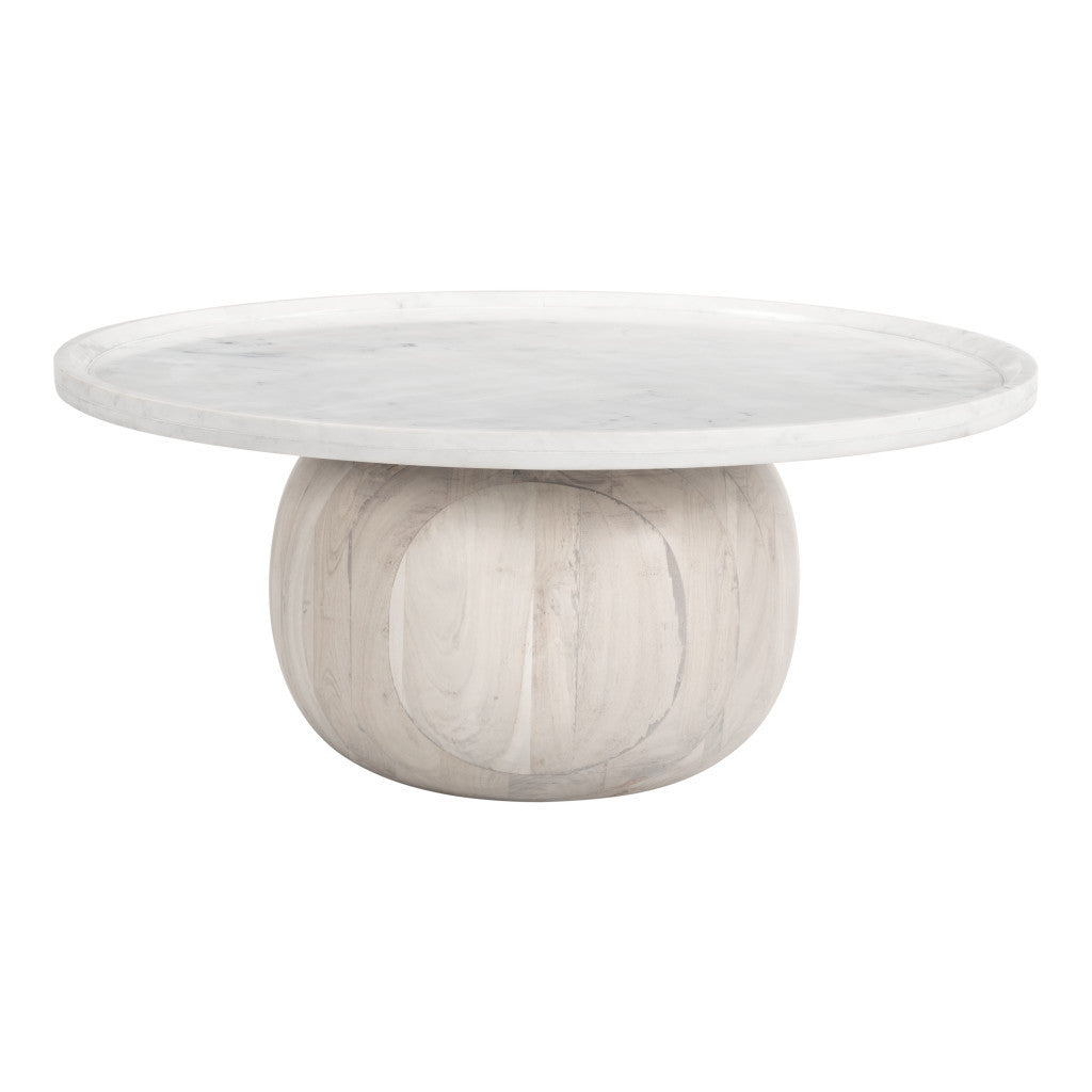 35" White and Natural Wood And Faux Marble Round Pedestal Coffee Table - Loft&Timber