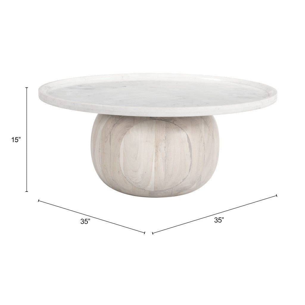 35" White and Natural Wood And Faux Marble Round Pedestal Coffee Table - Loft&Timber