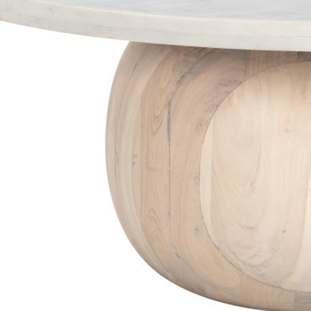 35" White and Natural Wood And Faux Marble Round Pedestal Coffee Table - Loft&Timber