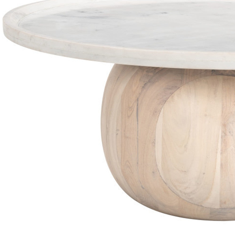 35" White and Natural Wood And Faux Marble Round Pedestal Coffee Table - Loft&Timber