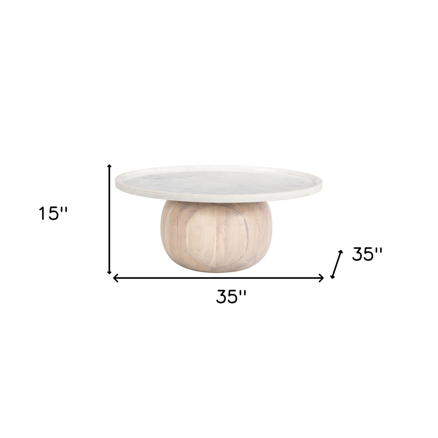 35" White and Natural Wood And Faux Marble Round Pedestal Coffee Table - Loft&Timber
