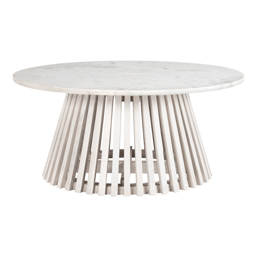 32" White and Natural Genuine Marble and Solid Wood Round Drum Coffee Table - Loft&Timber
